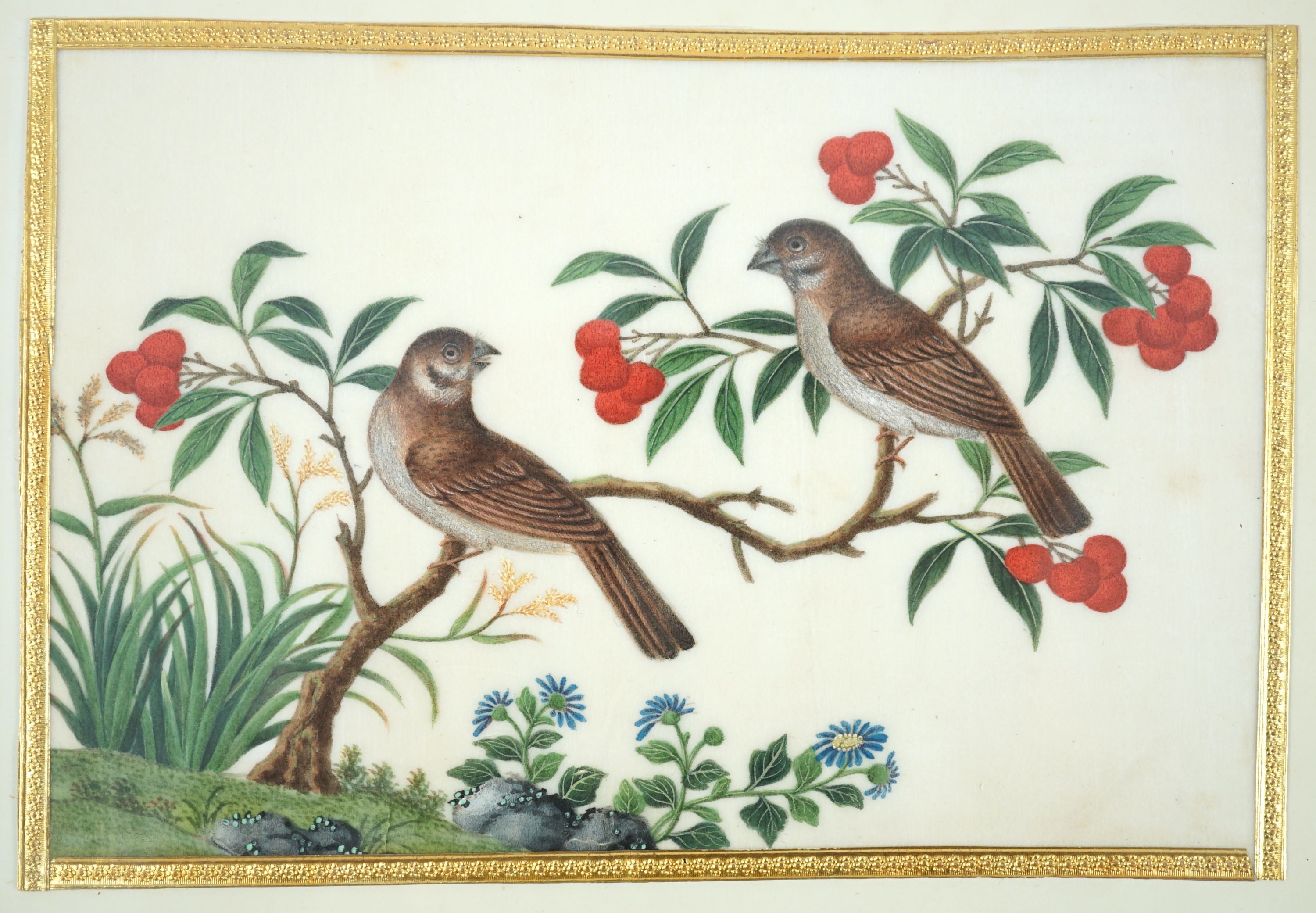 A set of 16 Chinese pith paintings of birds and flowers, mid 19th century, Largest Image 12cm x 18cm